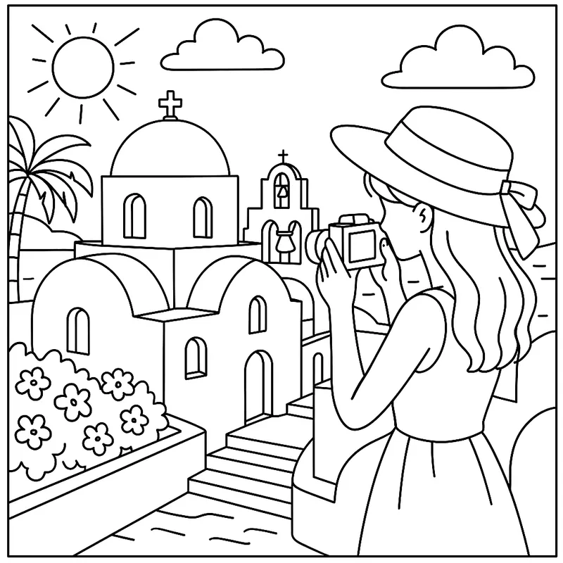 Santorini Snapshot Serenity Coloring Page coloring page