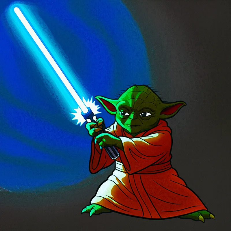 Yoda with Lightsaber Ready Coloring Page colored reference