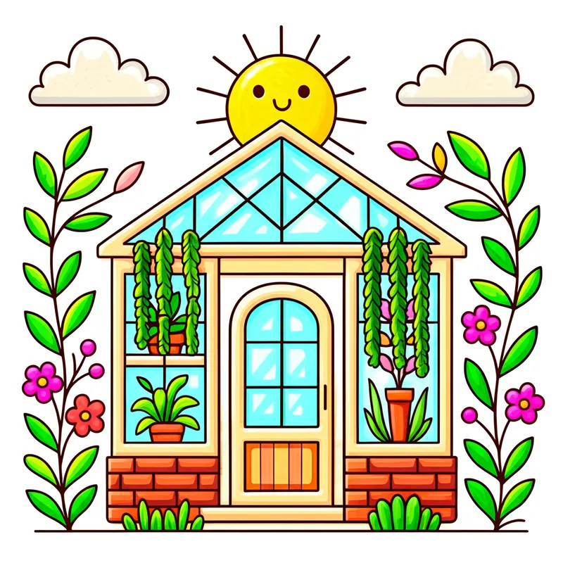 Sunny Greenhouse Garden Coloring Page colored reference