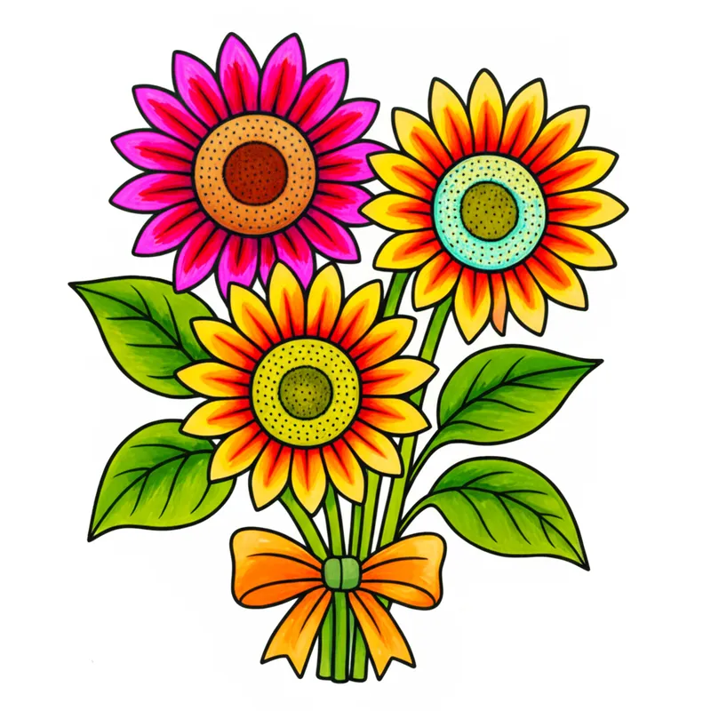 Sunny Sunflower Bouquet Coloring Page colored reference