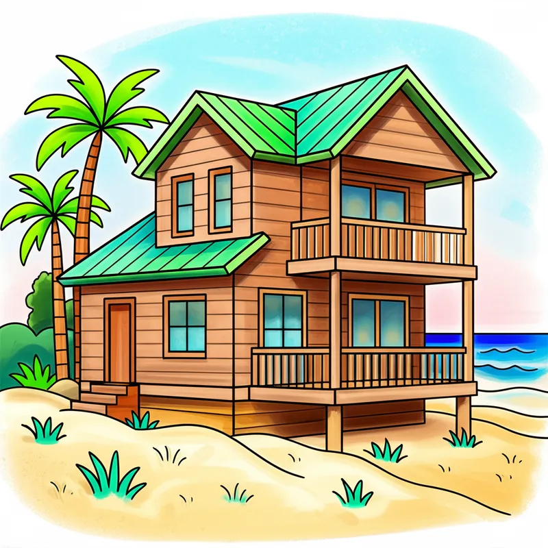 Tropical Beach House Getaway Coloring Page colored reference
