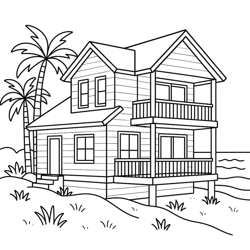 Tropical Beach House Getaway Coloring Page coloring page