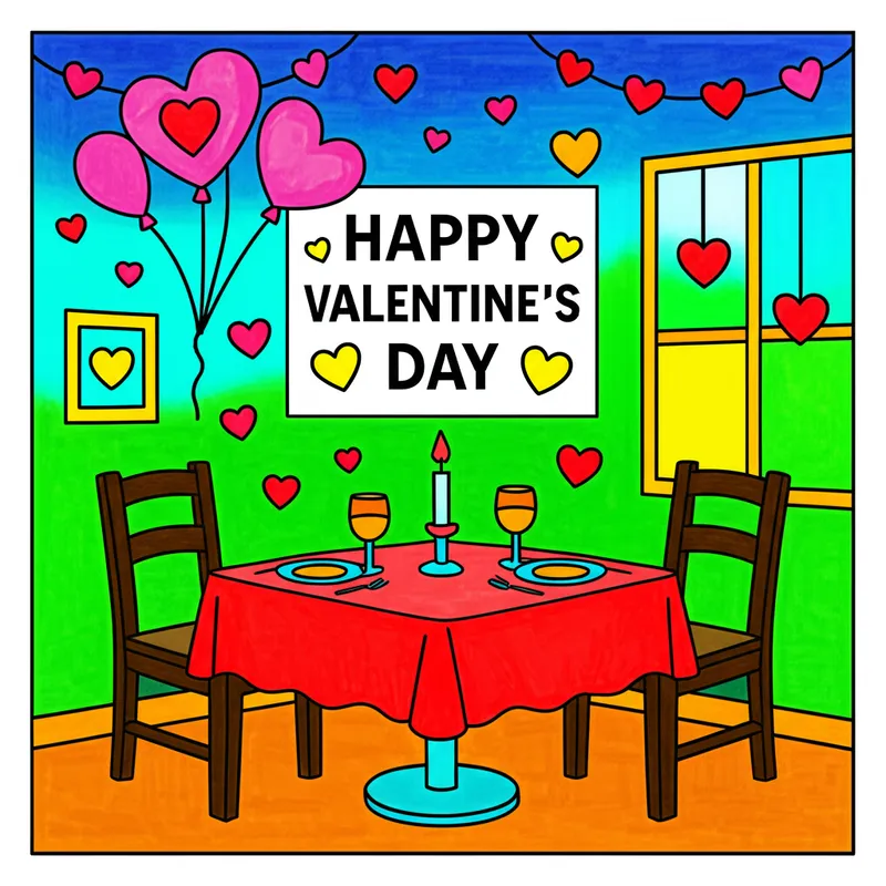 Romantic Valentine's Dinner Date Coloring Page colored reference
