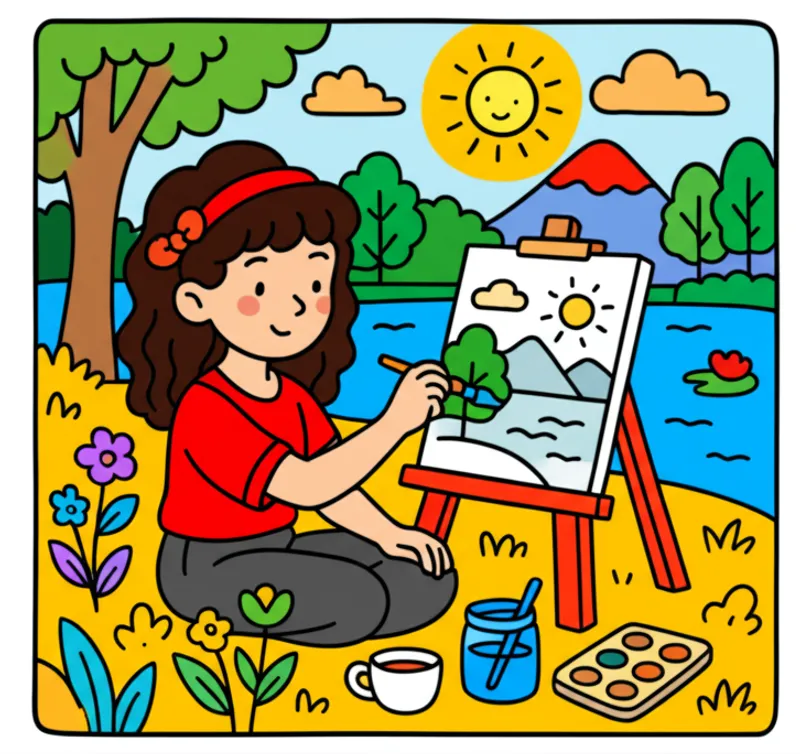 Young Artist Paints Landscape Coloring Page colored reference