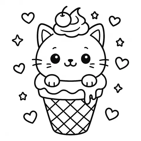 Adorable Cat Ice Cream Cone Coloring Page