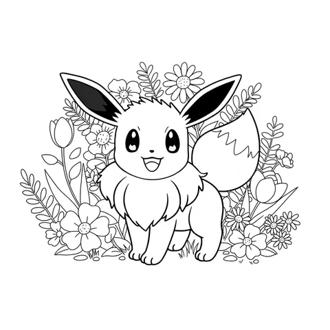 Adorable Eevee in Flowers Coloring Page