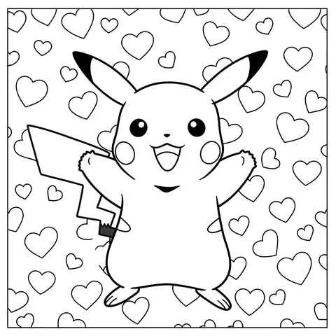 Adorable Pikachu with Hearts Coloring Page