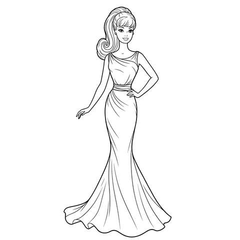 Elegant Barbie Evening Gown Coloring Page
