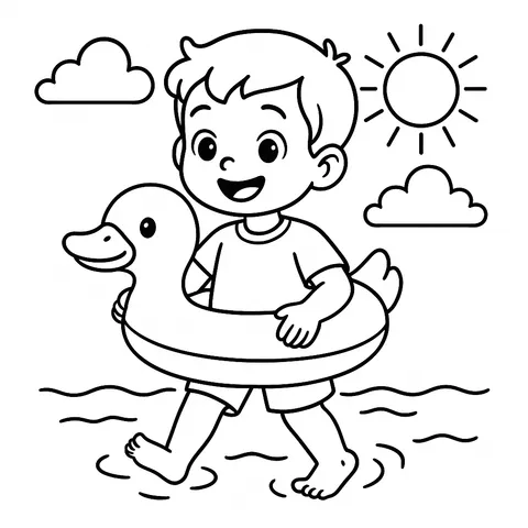 Beach Day Boy with Duck Floatie Coloring Page