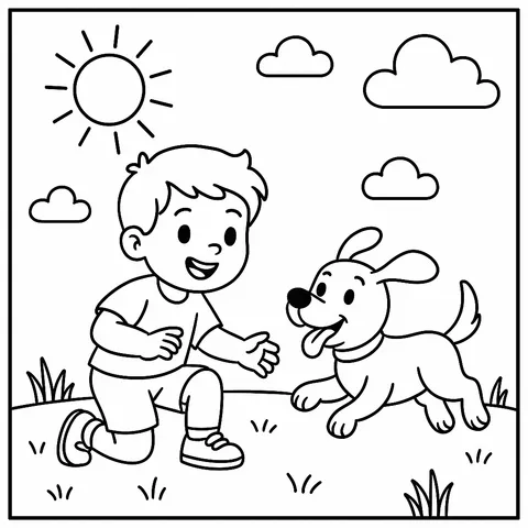 Boy Playing with Puppy Coloring Page