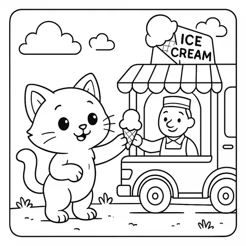 Cat's Ice Cream Day Coloring Page