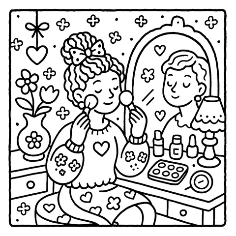 Charming Girl at Her Vanity Coloring Page