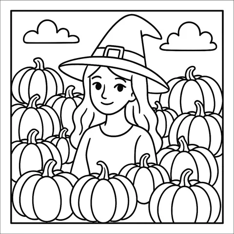 Charming Witch in Pumpkin Patch Coloring Page