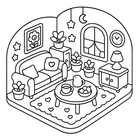 Cozy Kawaii Living Room Coloring Page