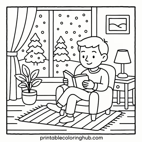 Cozy Winter Reading Nook Coloring Page
