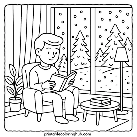 Cozy Winter Reading Scene Coloring Page