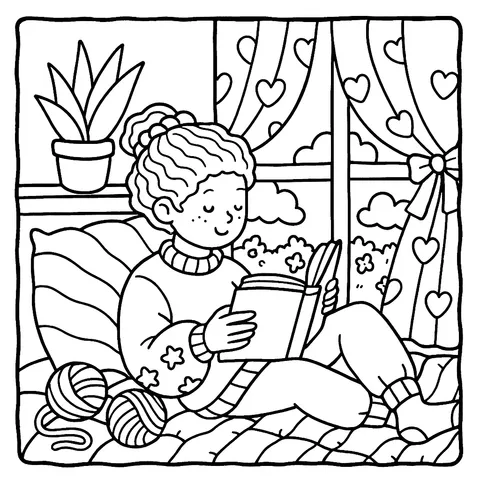 Cozy Reader by the Window Coloring Page