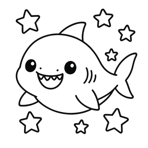 Cute Chibi Shark and Stars Coloring Page