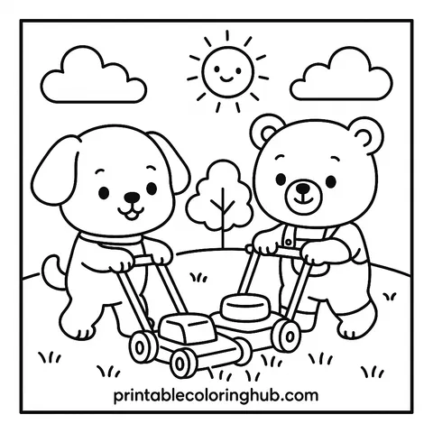 Cute Dog and Bear Mowing Lawn Coloring Page