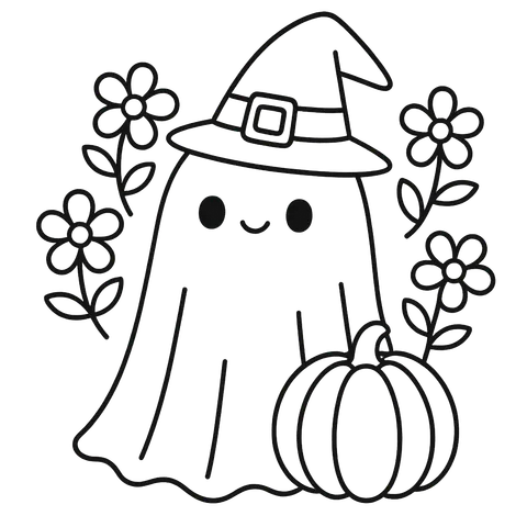 Cute Ghost Witch with Pumpkin Coloring Page
