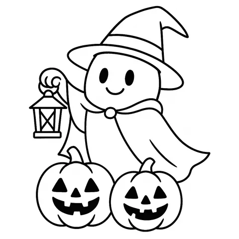 Cute Halloween Ghost & Pumpkins Coloring Page