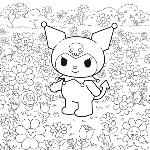 Cute Kuromi in a Flower Garden Coloring Page