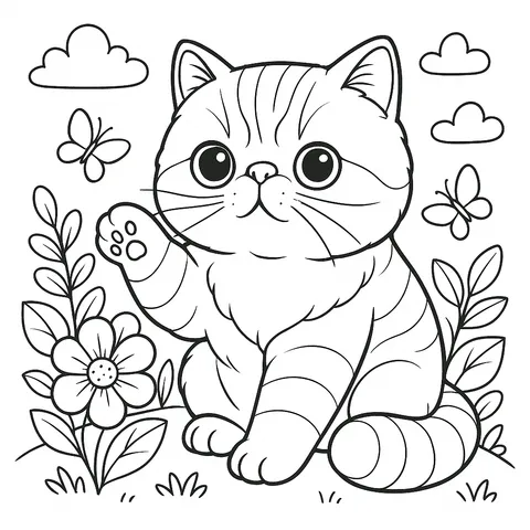 Cute Waving Kitten in Garden Coloring Page