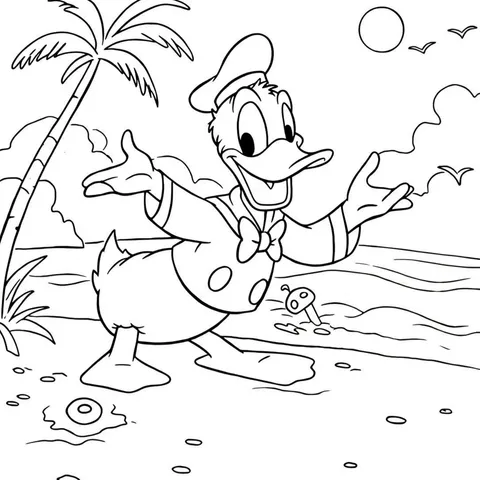 Donald Duck Tropical Beach Getaway Coloring Page