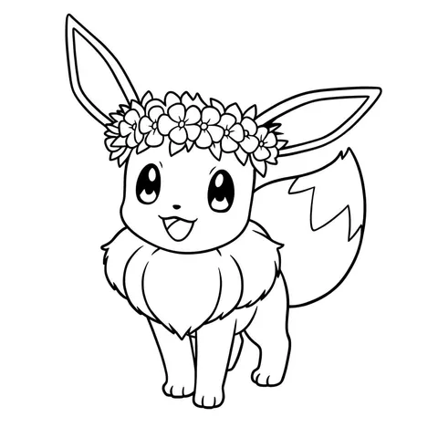 Cute Eevee with Flower Crown Coloring Page