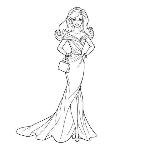 Elegant Barbie Evening Dress Coloring Page