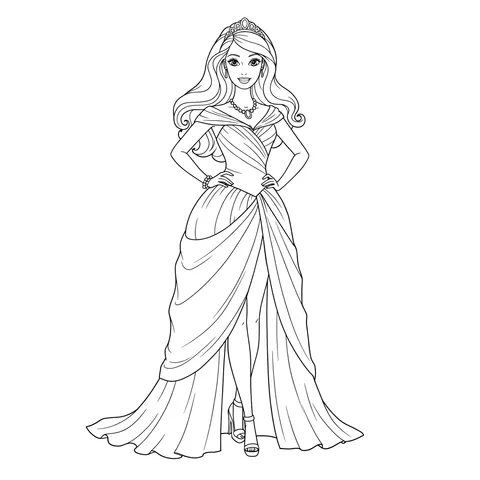 Elegant Barbie Princess Gown Coloring Page
