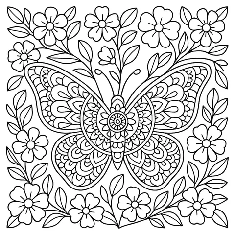 Enchanting Butterfly & Floral Mandala Coloring Page