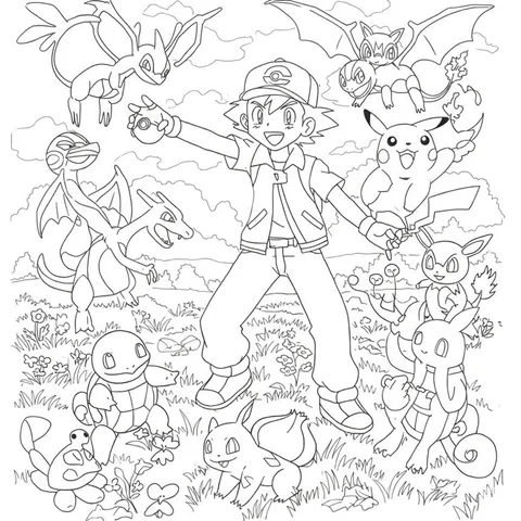 Epic Pokemon Adventure with Ash & Pikachu Coloring Page