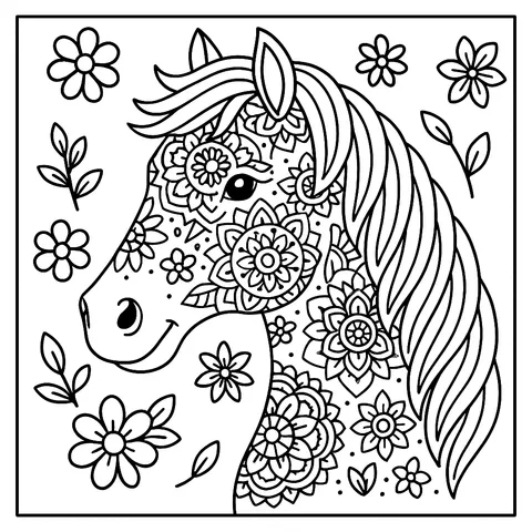 Enchanting Floral Horse Mandala Coloring Page