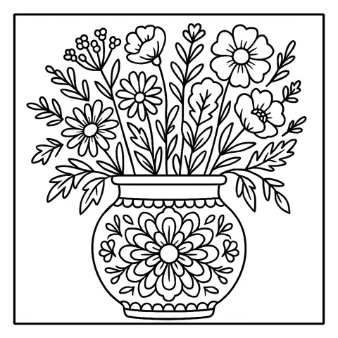 Folk Art Flower Vase Coloring Page
