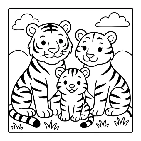 Happy Tiger Family Fun Coloring Page