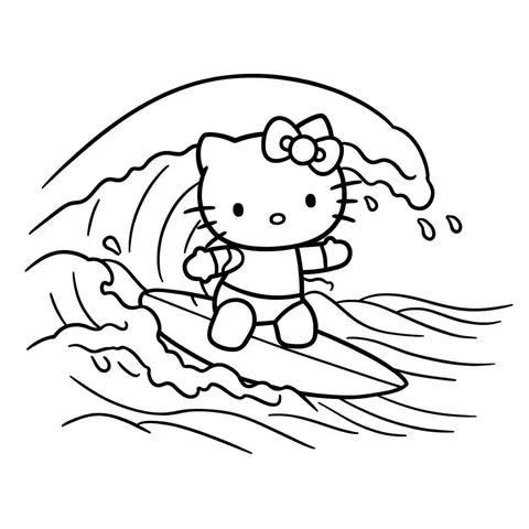 Hello Kitty Surfing Adventure Coloring Page
