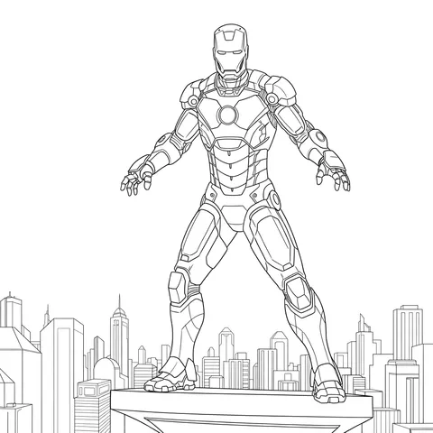 Heroic Iron Man Over City Coloring Page