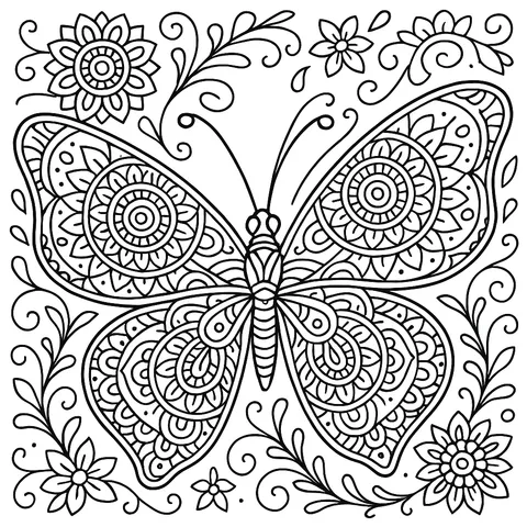 Intricate Butterfly & Floral Mandala Coloring Page