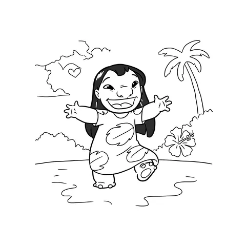 Joyful Lilo on a Hawaiian Beach Coloring Page
