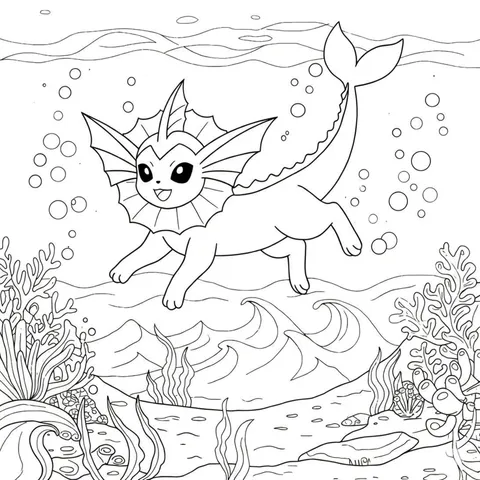 Joyful Vaporeon Swimming Coloring Page