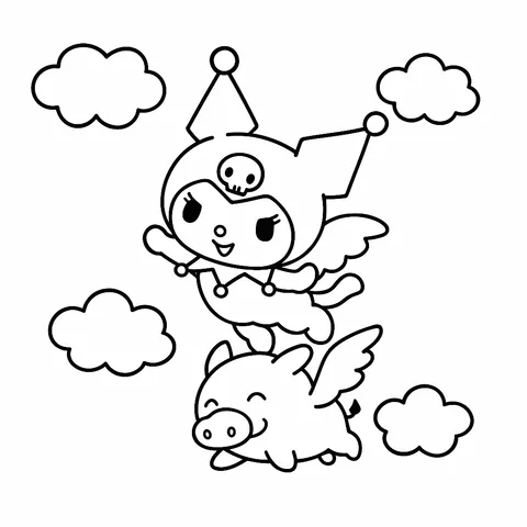 Kuromi and Baku Flying Adventure Coloring Page