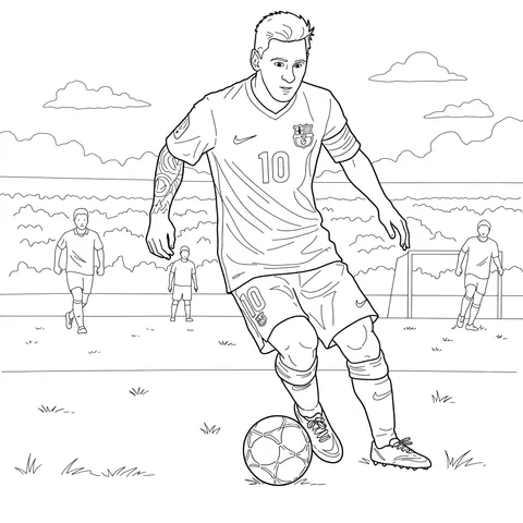 Lionel Messi Dribbling Soccer Ball Coloring Page