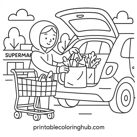 Loading Up the Groceries Coloring Page