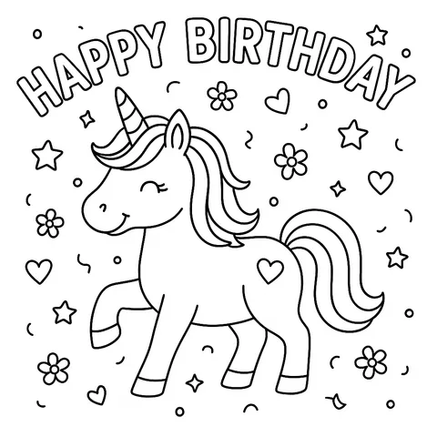 Magical Unicorn Happy Birthday Coloring Page