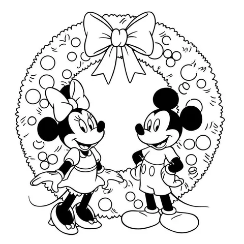 Mickey and Minnie Christmas Wreath Coloring Page