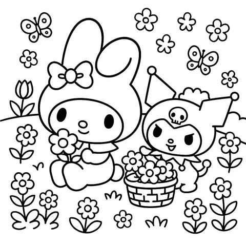 My Melody and Kuromi Spring Garden Coloring Page