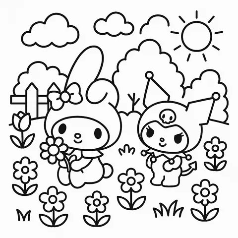 My Melody and Kuromi Sunny Garden Coloring Page