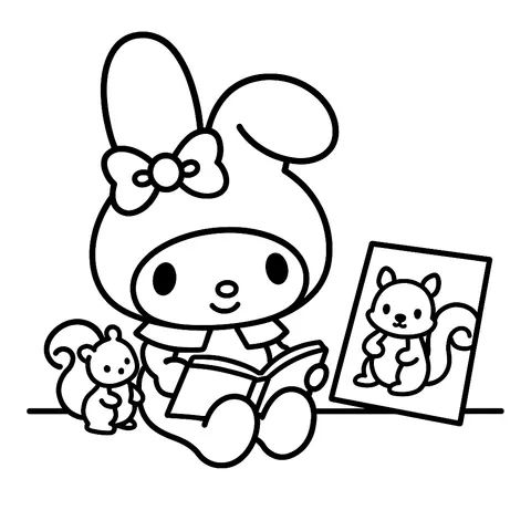 My Melody Reading with Squirrel Friend Coloring Page