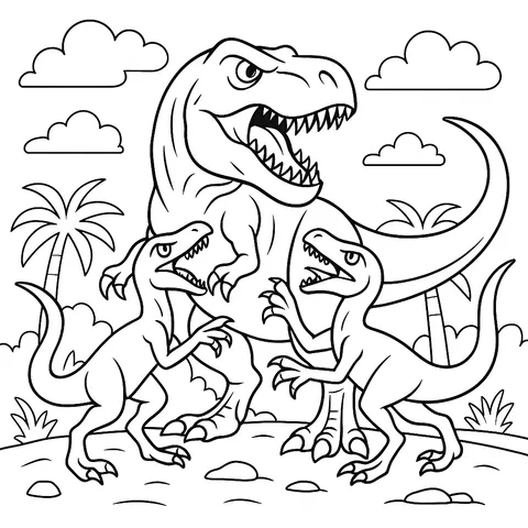 T-Rex and Raptors Coloring Page